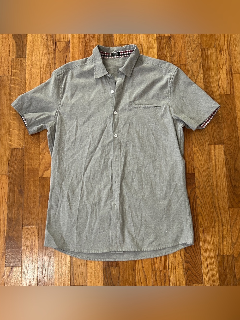 Coofandy Men's Heather Gray Short Sleeve Button Up Shirt Plaid Trim Size M